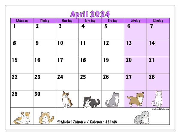 Kalender april 2024 “481”. Gratis karta som kan skrivas ut.. Måndag till söndag