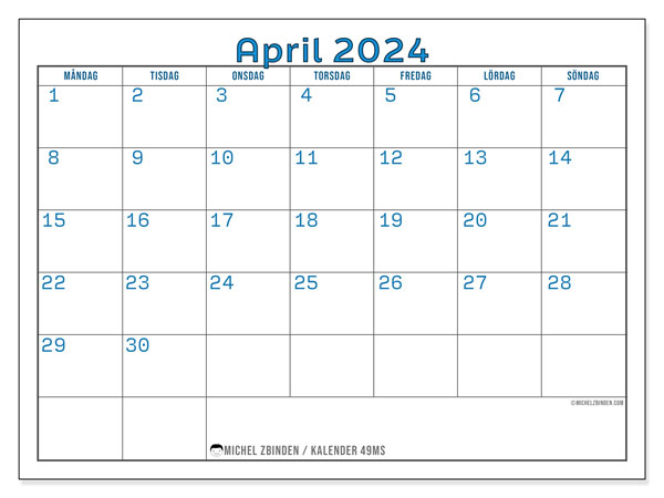 Kalender april 2024 “49”. Gratis kalender som kan skrivas ut.. Måndag till söndag