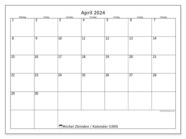 Kalender april 2024 “53”. Schema för gratis utskrift.. Måndag till söndag