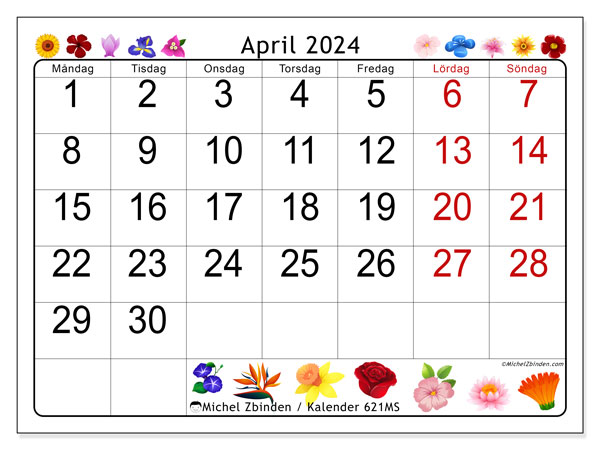 Kalender april 2024 “621”. Gratis karta som kan skrivas ut.. Måndag till söndag
