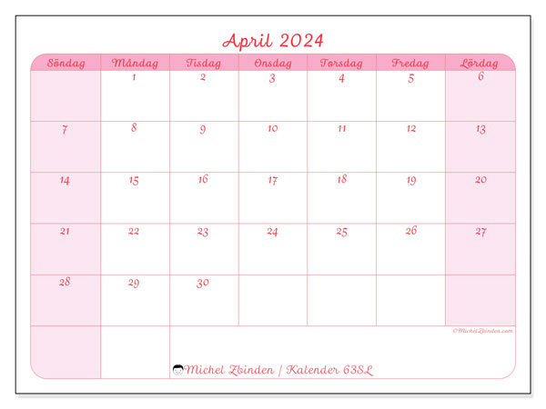 Kalender april 2024 “63”. Gratis karta som kan skrivas ut.. Söndag till lördag