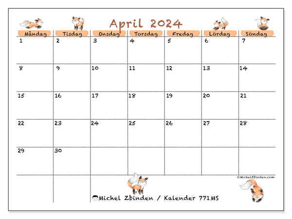Kalender april 2024, 771MS. Gratis kalender som kan skrivas ut.