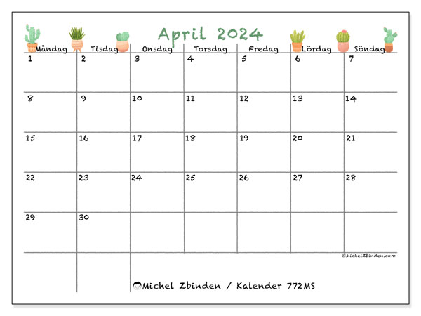 Kalender april 2024 “772”. Gratis utskrivbart program.. Måndag till söndag