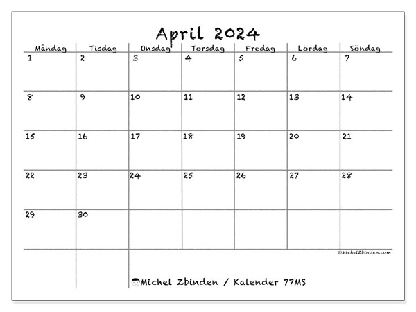 Kalender april 2024, 77SL. Gratis kalender som kan skrivas ut.