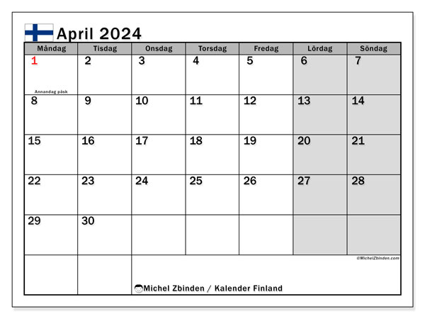 Calendario abril 2024 “Finlandia (SV)”. Calendario para imprimir gratis.. De lunes a domingo
