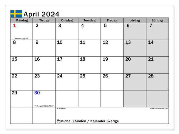 Kalendarz kwiecień 2024, Szwecja (SV). Darmowy plan do druku.