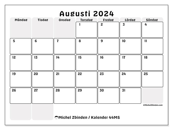 Kalender augusti 2024, 44SL. Gratis kalender som kan skrivas ut.