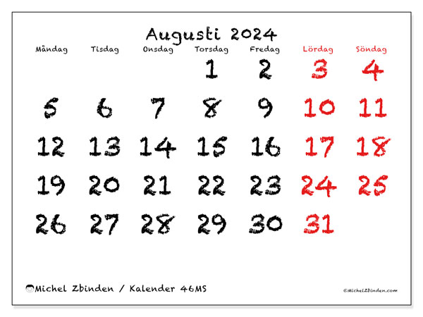 Kalender augusti 2024 “46”. Gratis kalender som kan skrivas ut.. Måndag till söndag