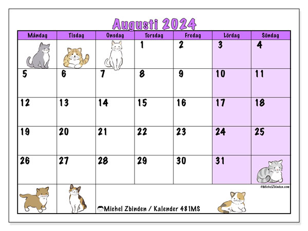 Kalender augusti 2024 “481”. Gratis karta som kan skrivas ut.. Måndag till söndag