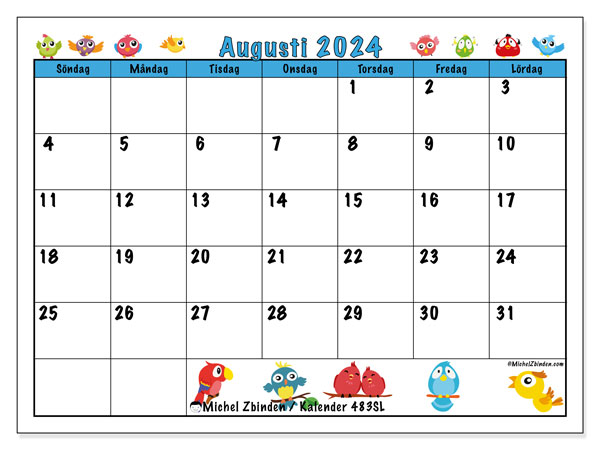 Kalender augusti 2024, 483SL. Gratis kalender som kan skrivas ut.