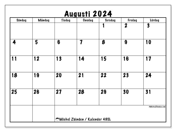 Kalender augusti 2024 “48”. Schema för gratis utskrift.. Söndag till lördag