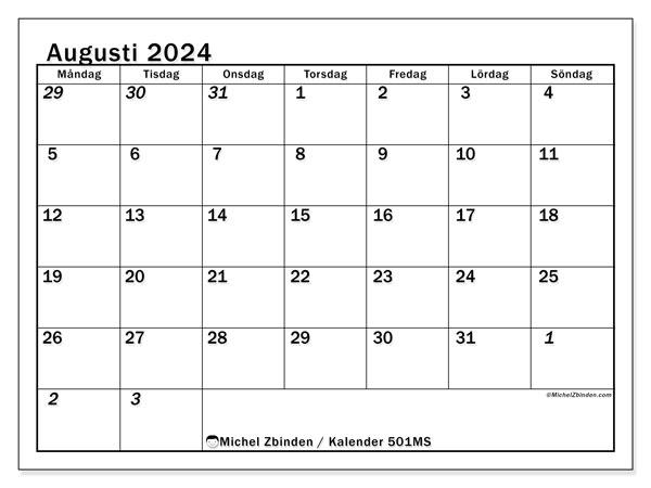 Kalender augusti 2024, 501MS. Gratis kalender som kan skrivas ut.