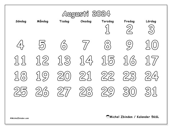 Kalender augusti 2024 “56”. Schema för gratis utskrift.. Söndag till lördag