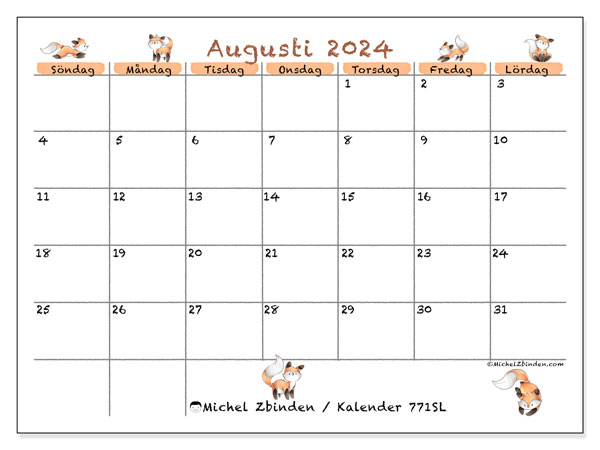 Kalender augusti 2024 “771”. Schema för gratis utskrift.. Söndag till lördag