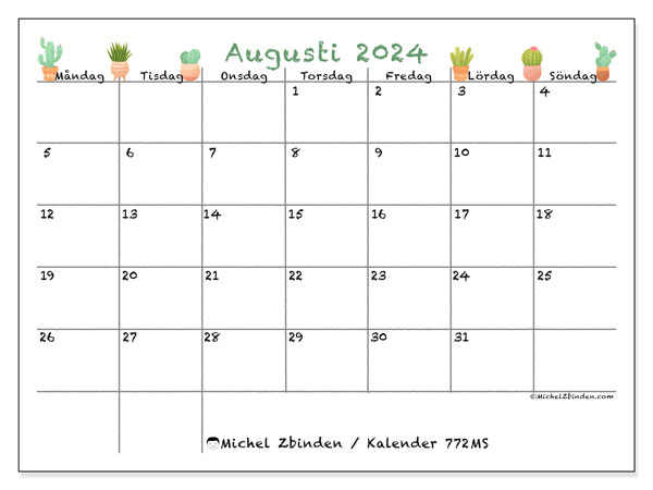 Kalender augusti 2024 “772”. Gratis karta som kan skrivas ut.. Måndag till söndag