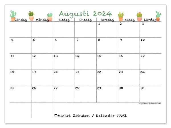 Kalender augusti 2024 “772”. Gratis karta som kan skrivas ut.. Söndag till lördag