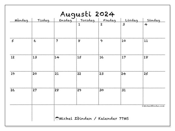 Kalender augusti 2024, 77MS. Gratis kalender som kan skrivas ut.