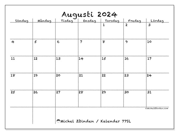 Kalender augusti 2024 “77”. Gratis utskrivbart program.. Söndag till lördag