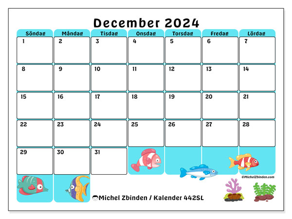 Kalender december 2024 “442”. Gratis kalender som kan skrivas ut.. Söndag till lördag