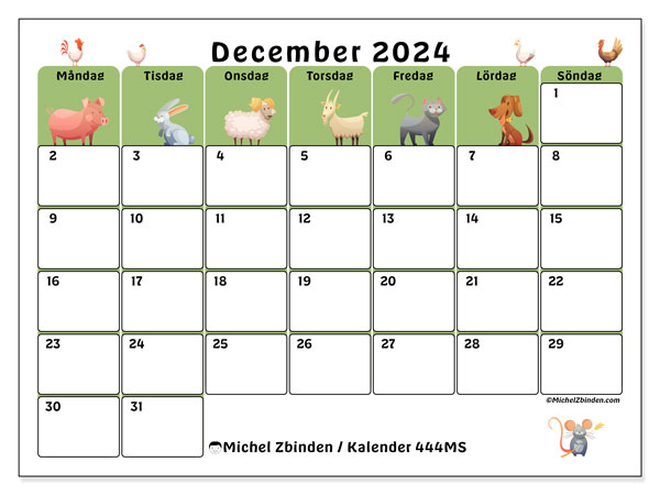 Kalender december 2024 “444”. Gratis utskrivbart program.. Måndag till söndag