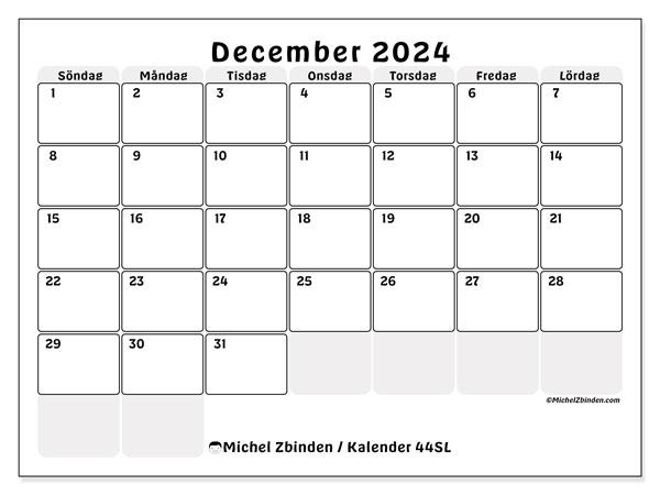 Kalender december 2024 “44”. Schema för gratis utskrift.. Söndag till lördag