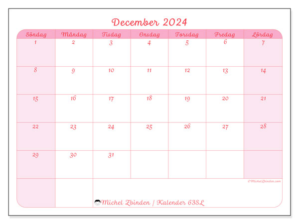 Kalender december 2024 “63”. Gratis kalender som kan skrivas ut.. Söndag till lördag