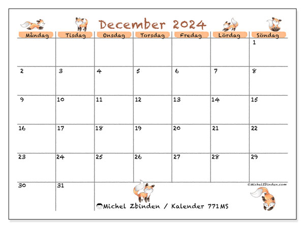 Kalender december 2024 “771”. Gratis utskrivbart program.. Måndag till söndag
