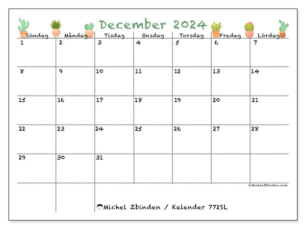 Kalender december 2024, 772SL. Gratis utskrivbart program.