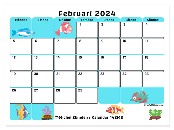Kalender februari 2024, 442SL. Schema för gratis utskrift.