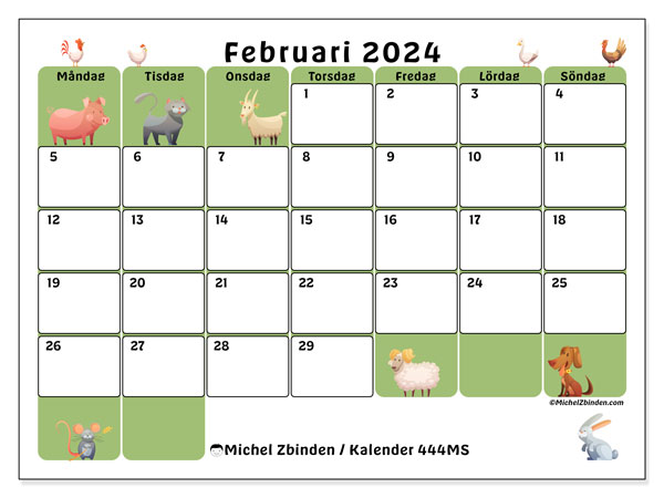 Kalender februari 2024, 444SL. Gratis utskrivbart program.