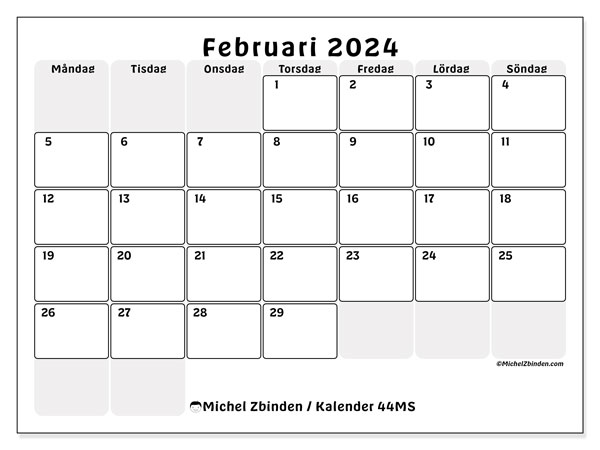 Kalender februari 2024, 44MS. Gratis utskrivbart program.