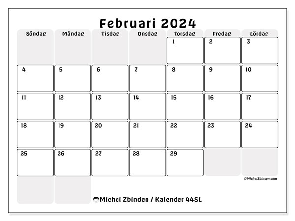 Kalender februari 2024, 44SL. Schema för gratis utskrift.