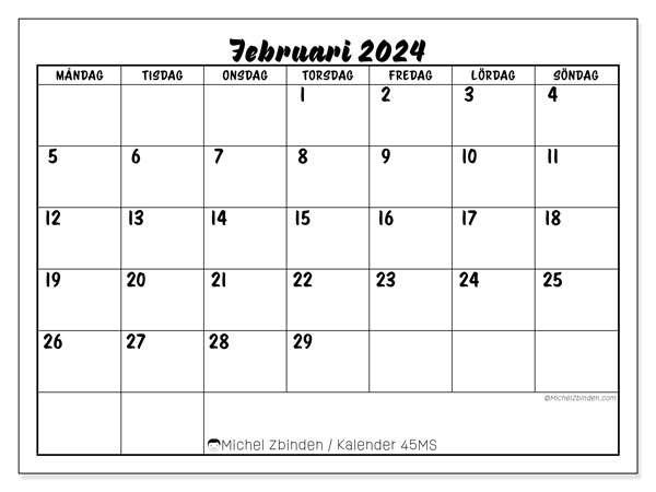 Kalender februari 2024, 45SL. Schema för gratis utskrift.