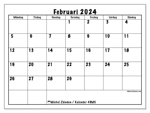 Kalender februari 2024, 48SL. Gratis utskrivbart program.
