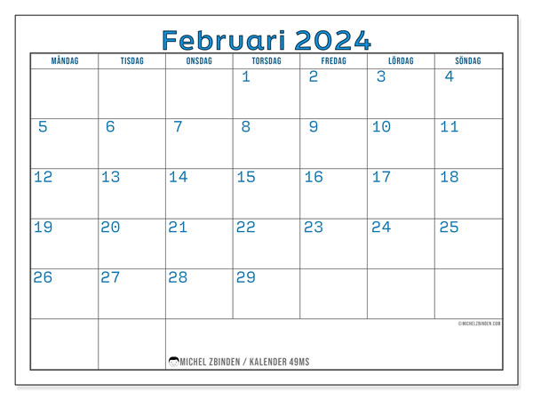 49MS, kalender februari 2024, för utskrift, gratis.