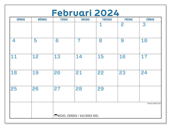 Kalender februari 2024, 49SL. Gratis utskrivbart program.