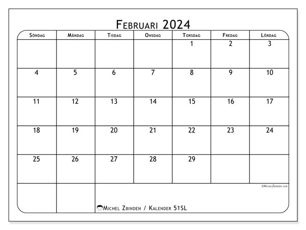 Kalender februari 2024, 51SL. Schema för gratis utskrift.