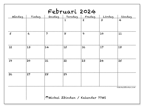 Kalender februari 2024, 77MS. Gratis utskrivbart program.