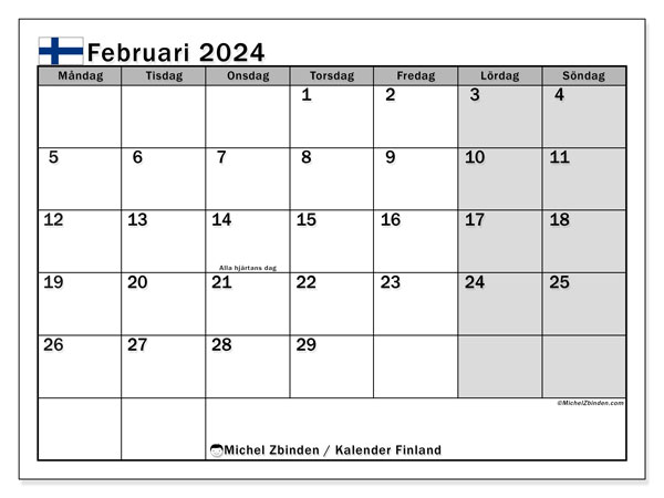 Calendário Fevereiro 2024, Finlândia (SV). Programa gratuito para impressão.