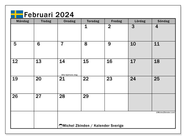 Kalender februar 2024, Sverige (SV). Gratis program til print.