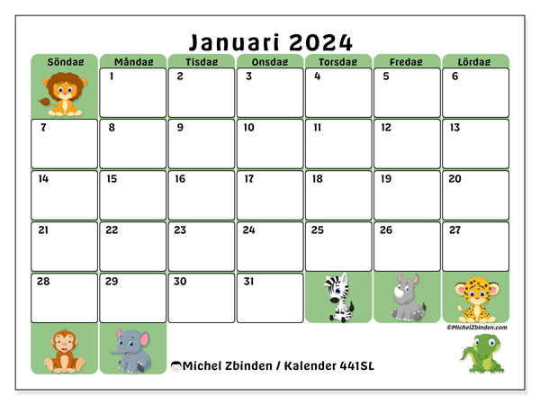 Kalender januari 2024 “441”. Gratis utskrivbart program.. Söndag till lördag
