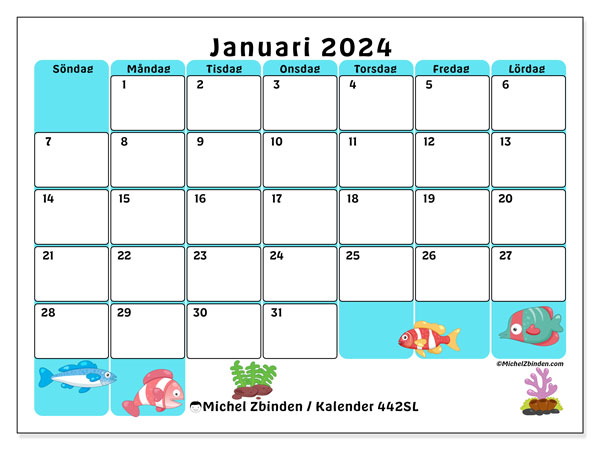 Kalender januari 2024 “442”. Gratis utskrivbart program.. Söndag till lördag