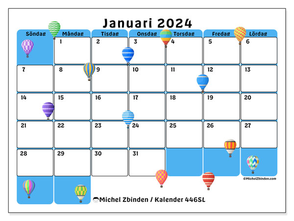 Kalender januari 2024 “446”. Gratis kalender som kan skrivas ut.. Söndag till lördag