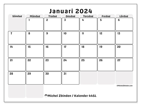 Kalender januari 2024 “44”. Schema för gratis utskrift.. Söndag till lördag
