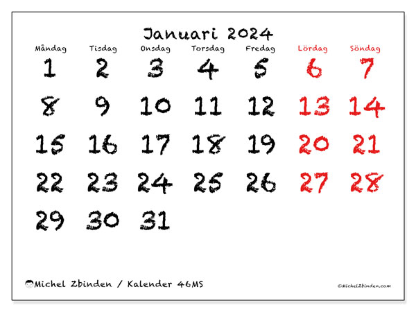Kalender januari 2024 “46”. Gratis karta som kan skrivas ut.. Måndag till söndag
