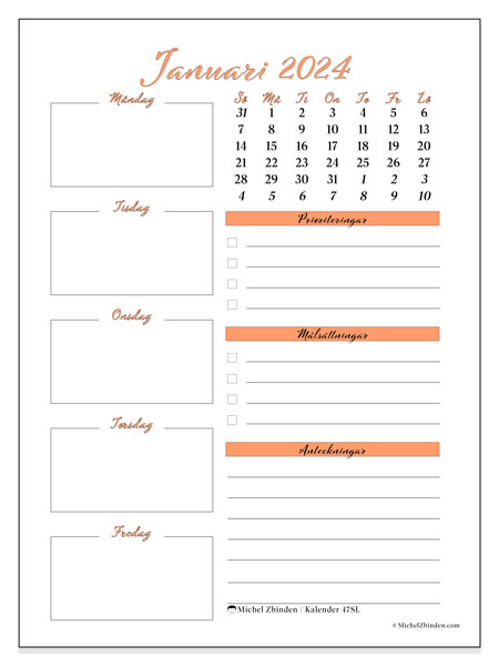 Kalender januari 2024 “47”. Gratis kalender som kan skrivas ut.. Söndag till lördag