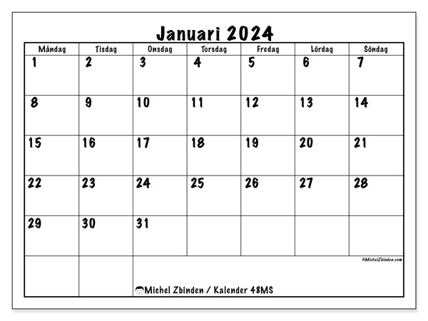 Kalender januari 2024 “48”. Gratis karta som kan skrivas ut.. Måndag till söndag