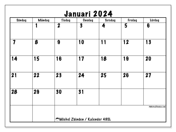 Kalender januari 2024 “48”. Gratis karta som kan skrivas ut.. Söndag till lördag