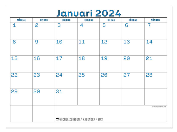Kalender januari 2024, 49SL. Gratis utskrivbart program.