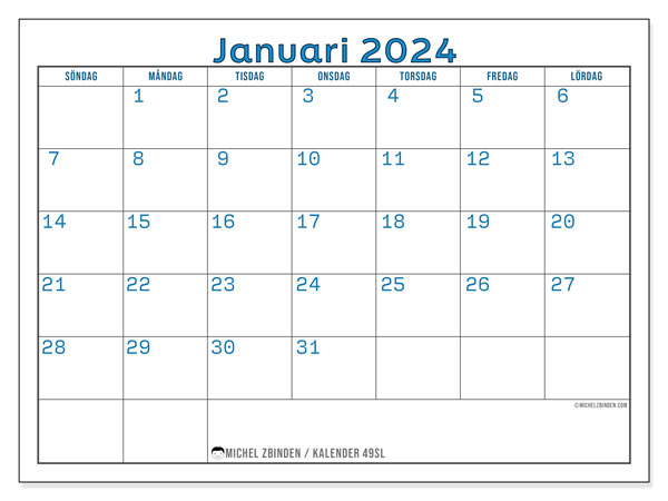 Kalender januari 2024 “49”. Gratis utskrivbart program.. Söndag till lördag